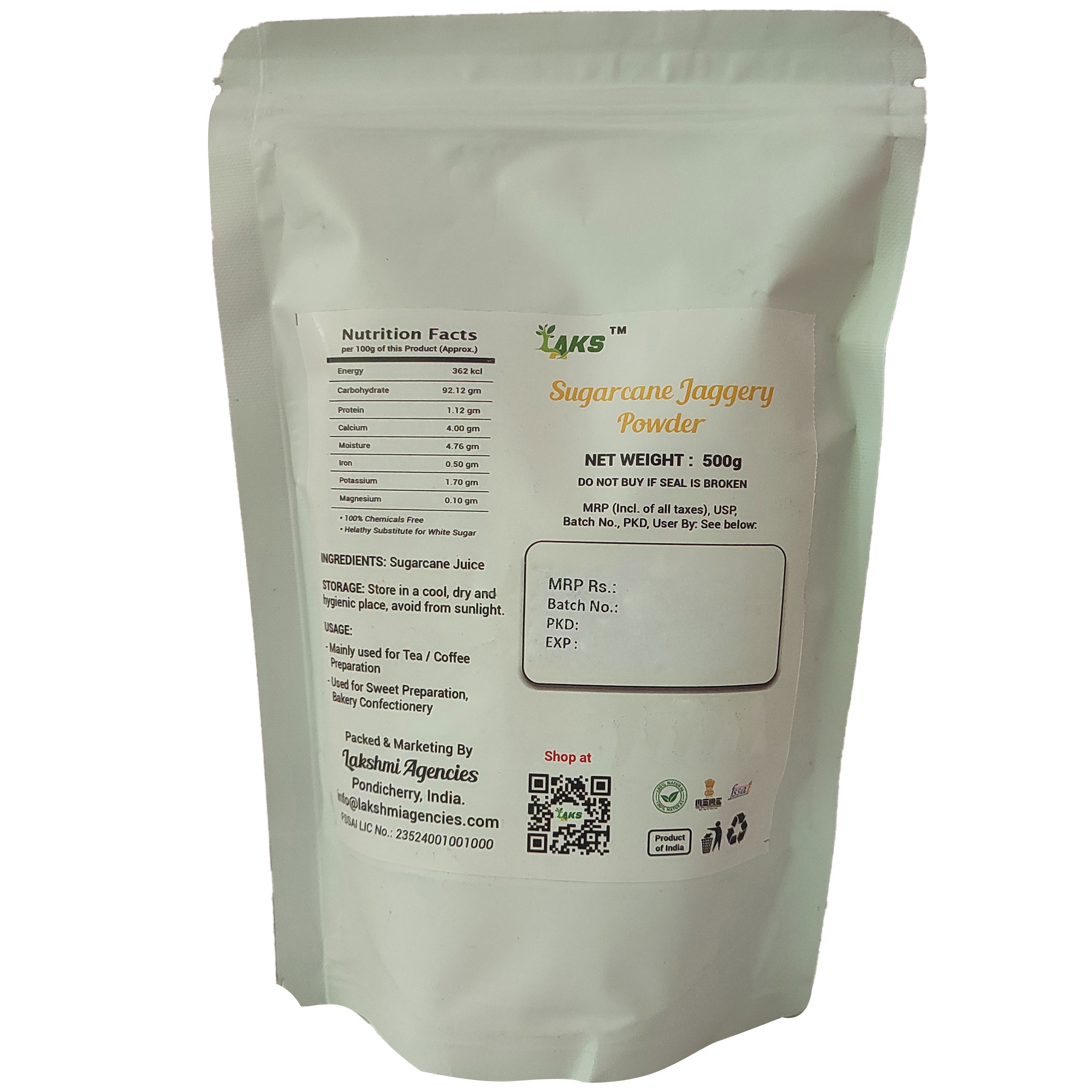 LAKS Sugarcane Jaggery Powder, Natural Traditional Sugar Alternative, 500g Pouch